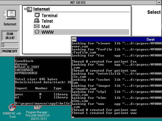Screenshot of Nokia emulator and Swat on Windows NT desktop